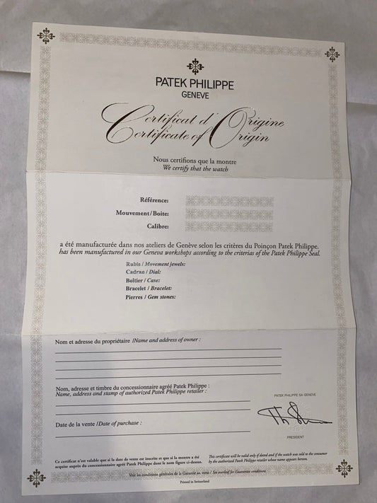 patek philippe Certificate of origin